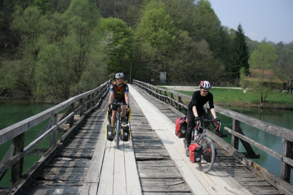 Us riding across the sturdiest bridge in Croatia.